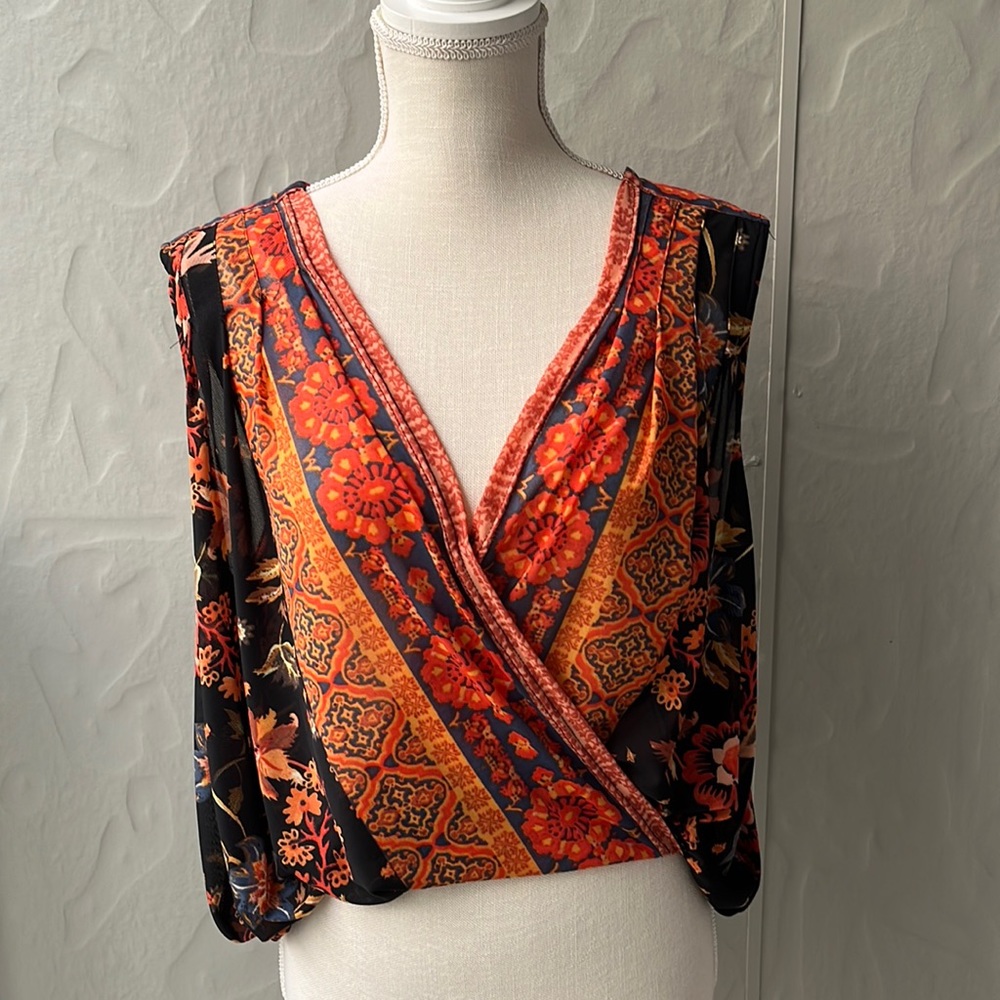 Free People Havana Black Floral Print Sleeveless Surplice Top S